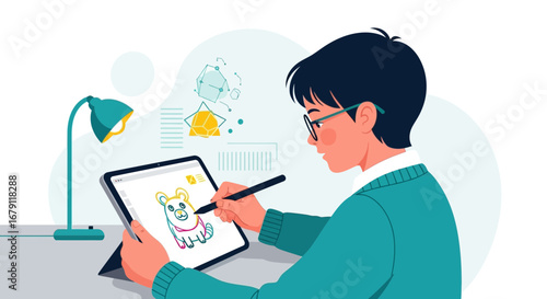 Young Artist Illustrating Adorable Puppy Design on Digital Tablet Using Stylus Pen