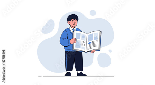 Young Boy Reading a Newspaper with Enthusiasm and Deep Interest in Its Content