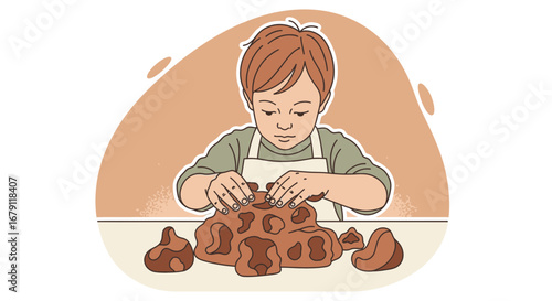 Young Artist Molding Clay Demonstrating Skillfulness Creating Miniature Works With Focused Attention