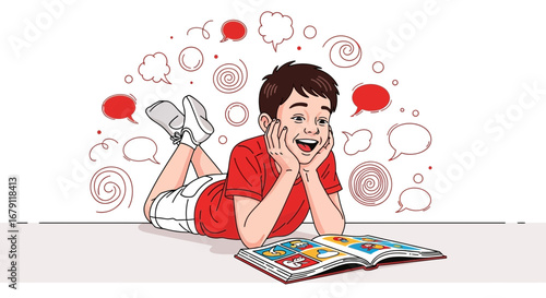 Young boy reading a comic book with excitement lying on floor illustration