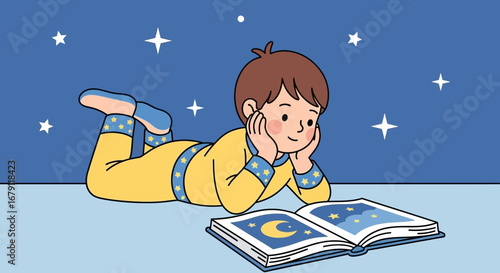 Young Boy Reading An Illustrated Book Under The Starry Sky During Naptime Activities