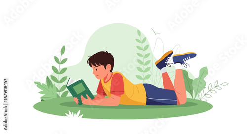 Young Boy Reading Outdoors With a Book and Resting on Green Grass, Relaxing Time