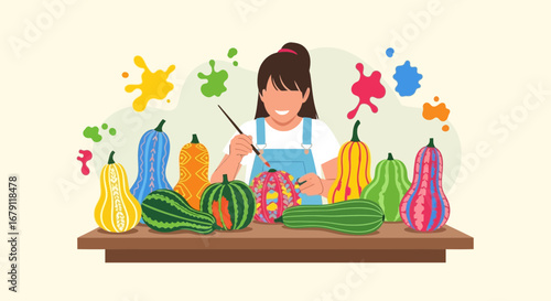 Young Artist Painting Colorful Gourds Creating A Playful And Creative Autumn Scene