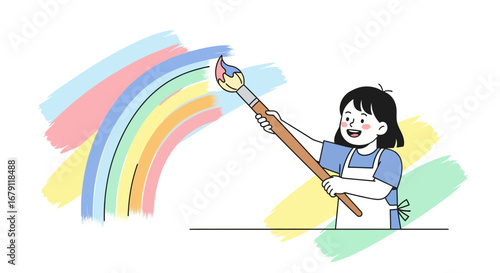 Young Artist Painting Colorful Rainbow With Brush And Vibrant Colors on White Background