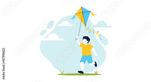 Young boy running and playing with a colorful kite in the sky on a sunny day