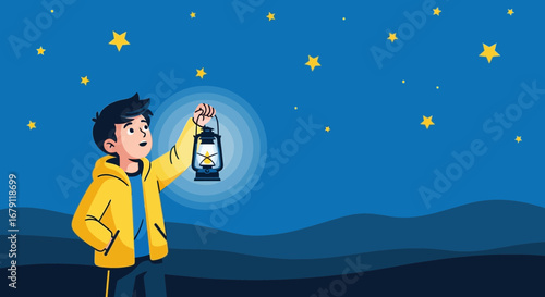 Young Boy Seeking Adventure at Night with Lantern Under a Starry Sky