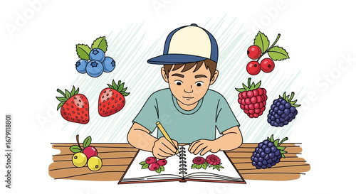 Young Artist Sketching Berries And Drawing, Creative Illustration With Fresh Fruits