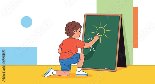 Young Artist Sketching The Sun On A Blackboard In Vibrant And Vivid Illustration
