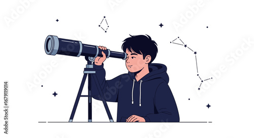 Young Astronomer Exploring Celestial Realms With A Modern Telescope For Star Gazing