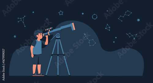 Young Astronomer Gazing Through Telescope Discovering Celestial Wonders in Cosmos at Night