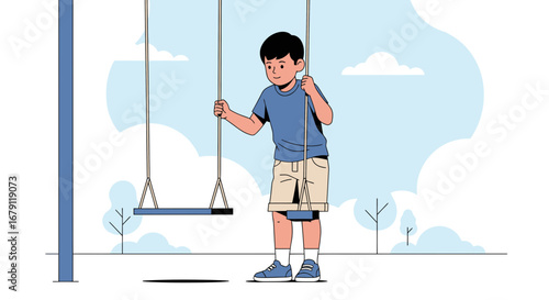 Young Boy Standing Near a Swing Set, Ready to Enjoy a Peaceful Playtime Moment