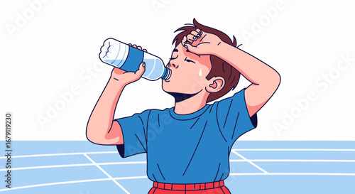 Young Athlete Rehydrating After Exercise, Refreshing With Water From Bottle, Summer Activity