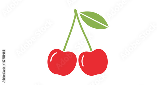 Pair of stylized cherries with stem and leaf illustration on a pristine white backdrop
