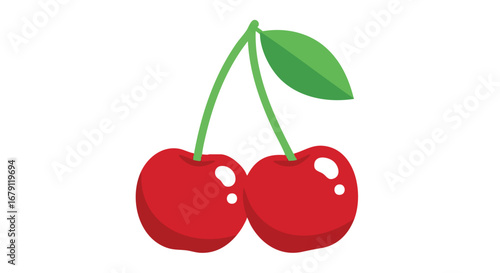 Delightful twosome: Red cherries hang sweetly from shared stem, a simple fruit vector illustration, cheerful fruity design element featuring shiny