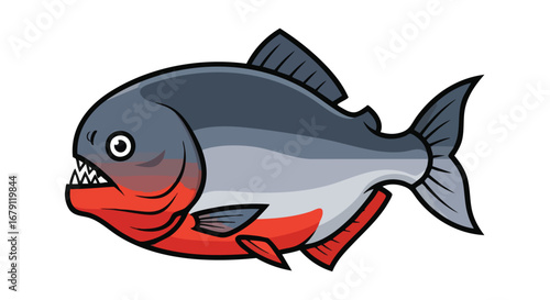 Cartoon Piranha with Sharp Teeth in Side View, Aquatic Predator Illustration Isolated on White Background ready to swim in the depths