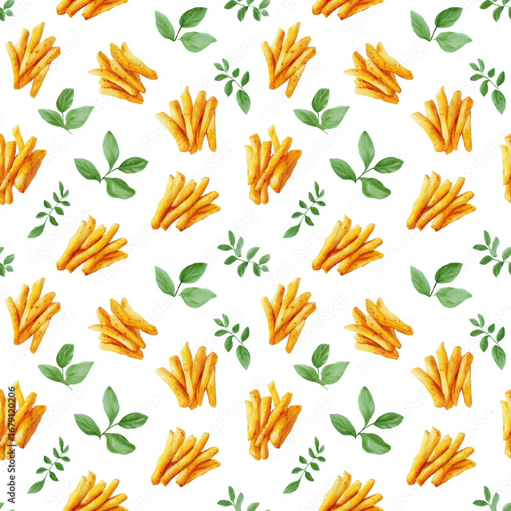 Fototapeta premium Colorful Seamless Pattern of French Fries and Greens