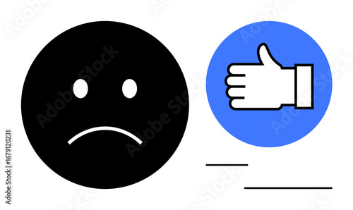 Black sad face and blue thumbs-up icon emphasize dual emotions or reactions. Ideal for feedback, user experience, mental health, social media, sentiment analysis, communication, simple landing page