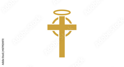 Divine Symbol: Elegant Golden Cross Adorned with an Angelic Halo on a Pure White Backdrop conveying spirituality and faith with celestial design