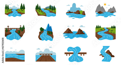Collection of scenic river landscapes in flat design style