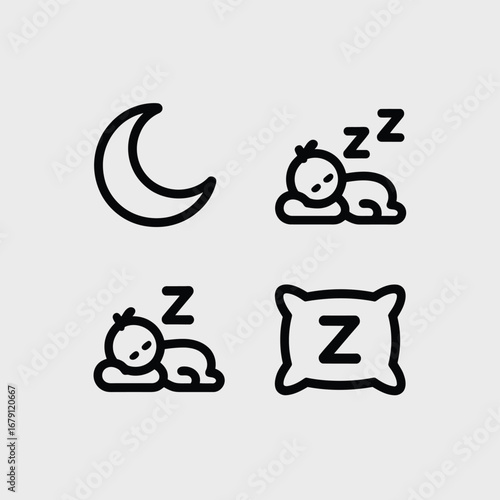 Baby sleeping icons crescent moon pillow zzz symbols vector illustration for eps download silhouette vector illustration white background