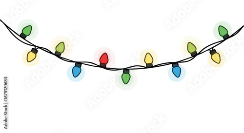 Festive string of lights, multi-colored decoration for holidays and celebrations isolated on a clean white background