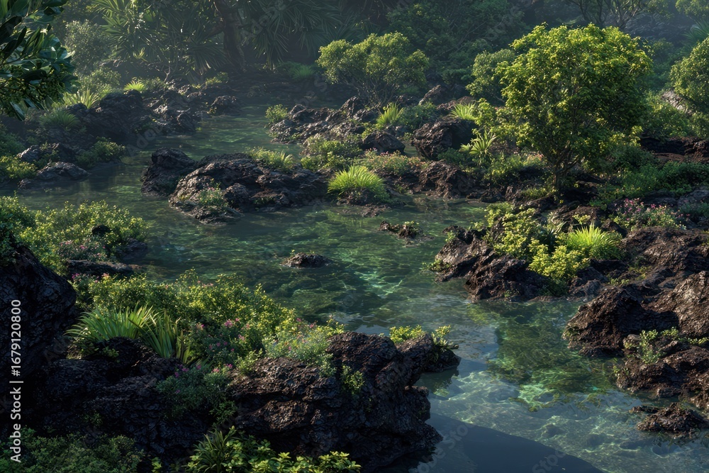 Naklejka premium Sunlit Wet Volcanic Rocks and Greenery