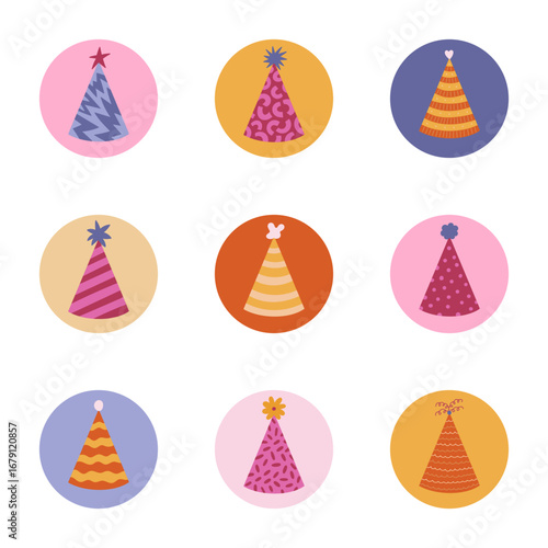 Colourful set of round story cover with paper hat for surprise party. Highlights for social media, blogs, business, branding. Icon pack with flat paper cone with striped, checkered, swirl ornament.
