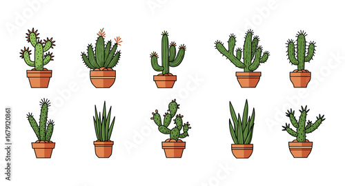 Charming potted cacti and succulents in cartoon style for home decor