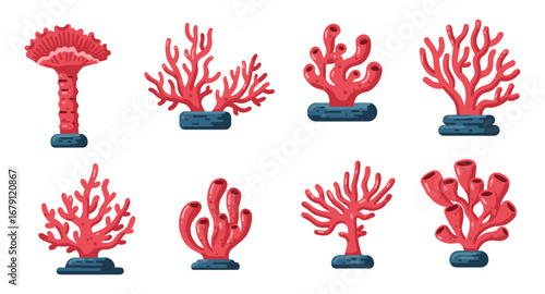 Collection of flat coral icons: aquatic marine elements in red and blue design