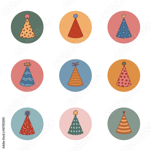 Lovely set of cute round story cover with striped, wavy, checked birthday party hat for happy event. Highlights for different social media, blogs, business, branding. Doodle icon pack with paper cone.