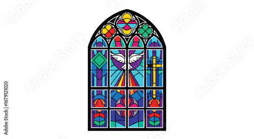 Vibrant stained glass artwork depicting spiritual themes and geometric designs in colorful panels, conveying peace and divinity with a classic