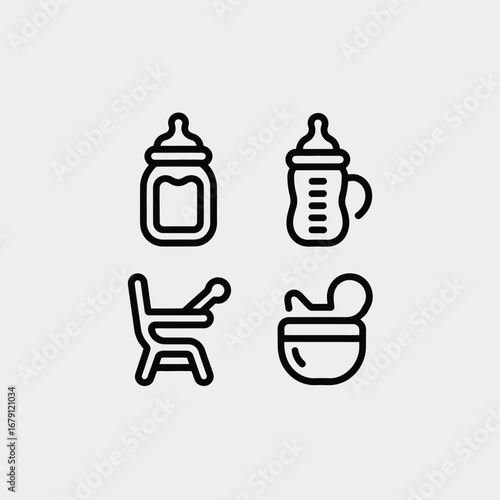 Baby feeding essentials icons bottles sippy cup high chair and bowl vector illustration silhouette vector illustration white background