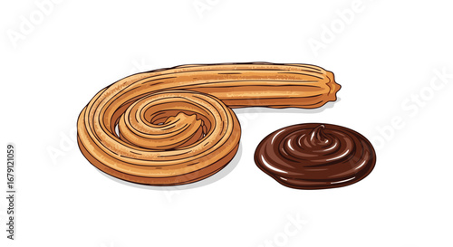 Delicious churros illustration with chocolate sauce depicting traditional spanish cuisine and popular desserts often enjoyed with a warm beverage