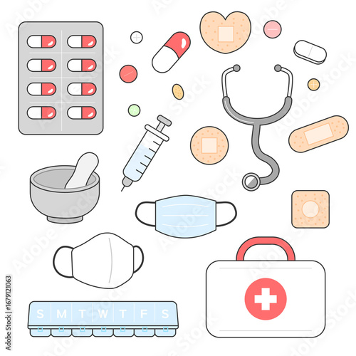 Medical Icons Set with Pills, Syringe, Mask and First Aid Kit