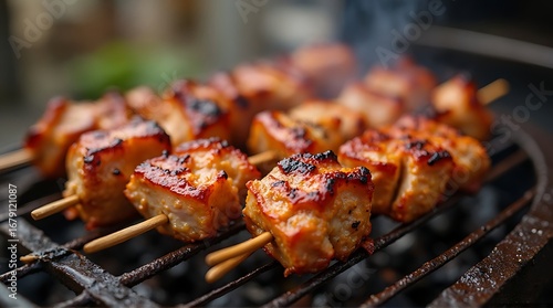 Wallpaper Mural Close-up of Juicy Chicken Skewers Sizzling on a Smoky Grill Torontodigital.ca