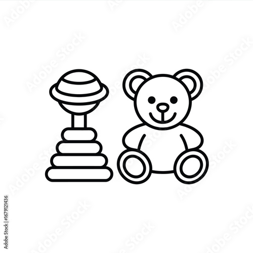 Vector illustration of classic baby toys including a teddy bear and stacking rings icon silhouette vector illustration white background