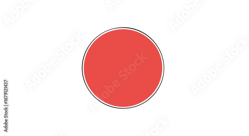 Crimson sphere centered on a pristine white canvas, encircled by a delicate contrasting outline emphasizing its symmetrical geometry