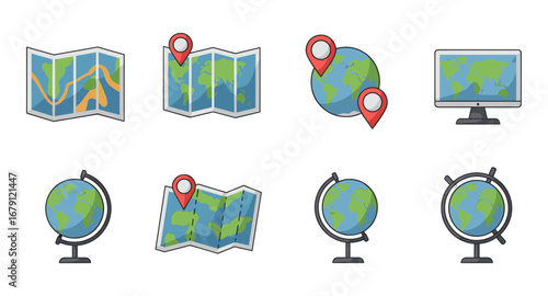 Colorful world maps and globes with location pins for navigation design