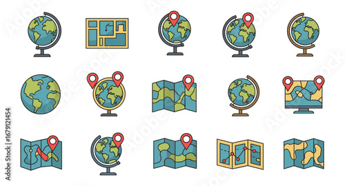 Colorful location icons with maps and globes for travel and navigation design