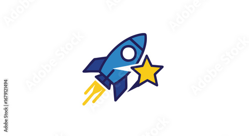 Illustration of a blue rocket taking off next to a yellow star depicting progress and success reaching the goal visualized in a simple design
