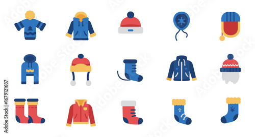 Winter clothing icons set in flat style for seasonal design projects