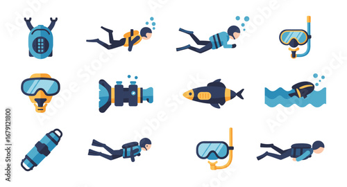Set of colorful scuba diving icons for adventure and underwater exploration themed designs