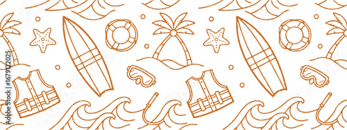 Seamless summer beach pattern with surfboards, waves, palm trees, and life vests in line art style. Fun vacation design perfect for textiles, wallpapers, and packaging.