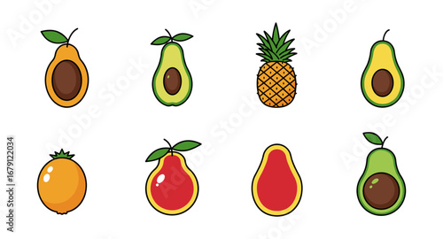 Colorful fruit icons set with papaya avocado and pineapple in flat style
