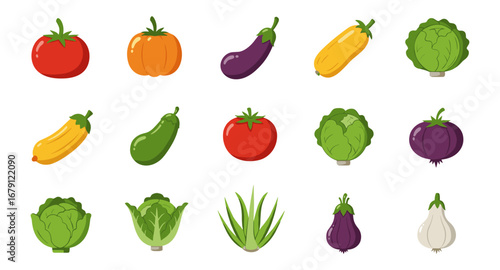Colorful vegetable icons collection: tomatoes, lettuce, gourds, and more