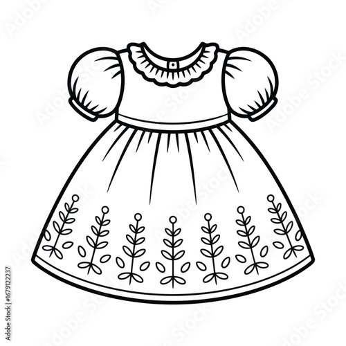 Elegant outline vector illustration of a baby girl's frock with floral embroidery scalable eps silhouette vector illustration white background