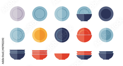 Colorful geometric dinnerware patterns featuring plates and bowls in modern flat style