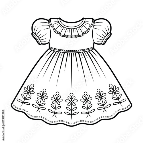 Vector outline drawing of a charming baby girl's frock with embroidered flowers and puff sleeves silhouette vector illustration white background