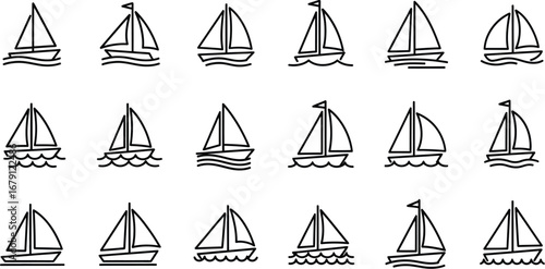 Collection of sailboat illustrations isolated on a white background, showcasing various designs and artistic interpretations of sailboats