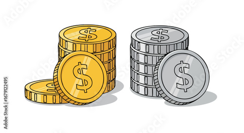 Animated illustration showcasing stacked golden and silver coins, symbolizing currency and wealth accumulation, presented on a clean white